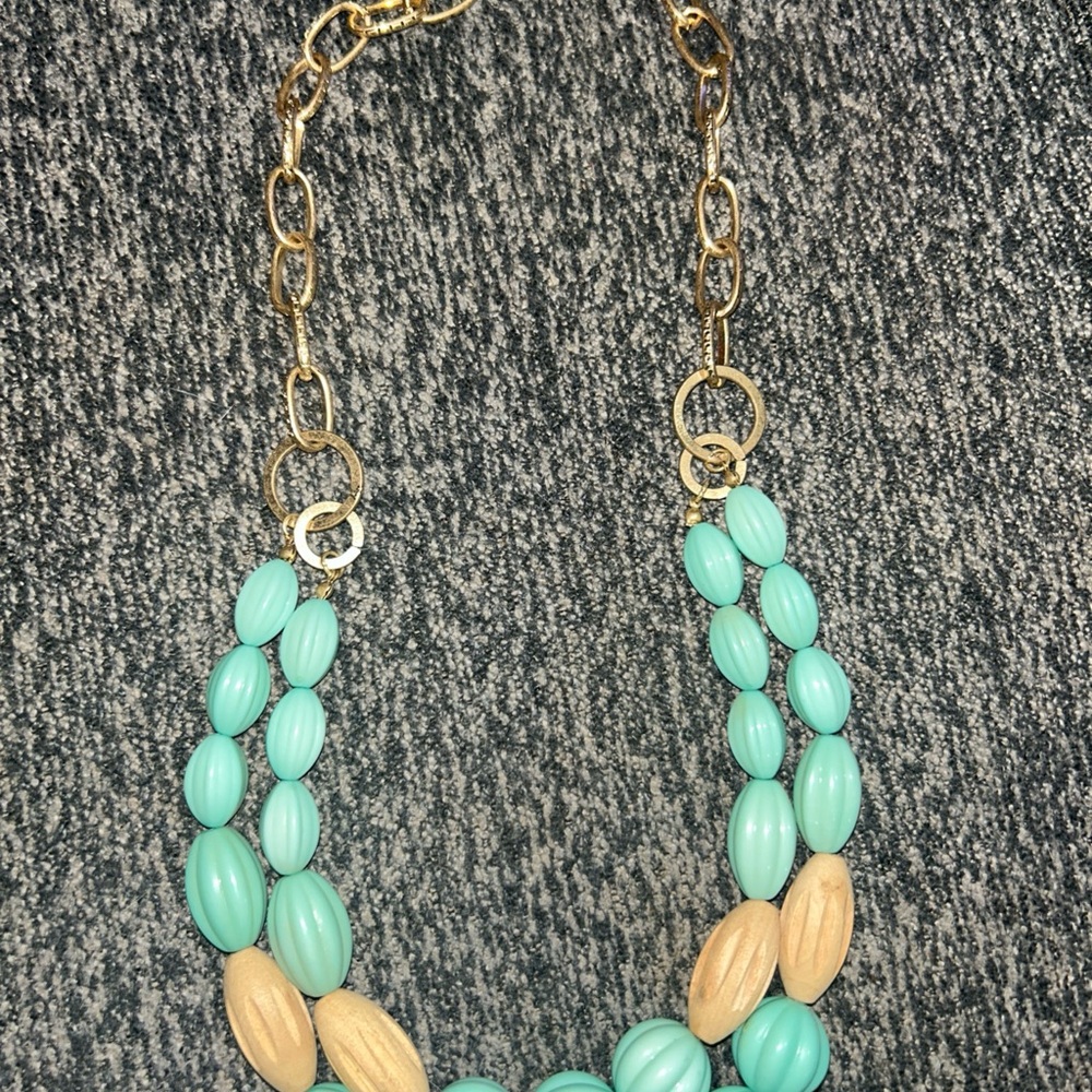 Plunder Chunky Bead Green &‎ Cream Gold Tone Double Strand Statement Necklace